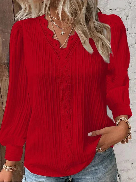 Natalina - Elegant knit V-neck long-sleeve blouse