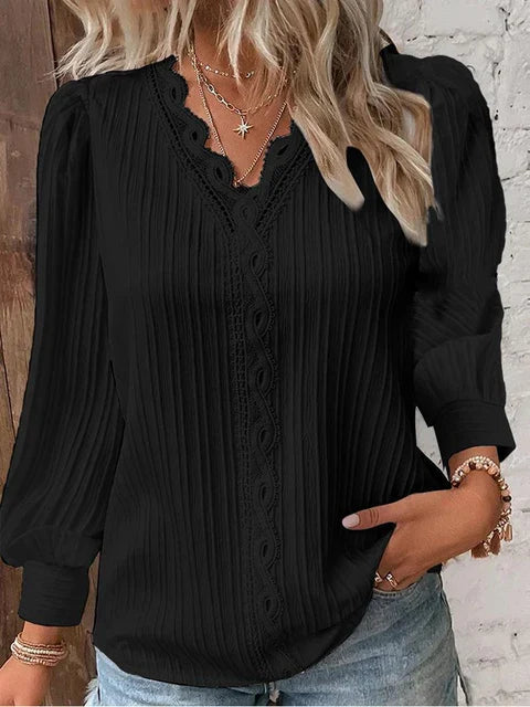 Natalina - Elegant knit V-neck long-sleeve blouse