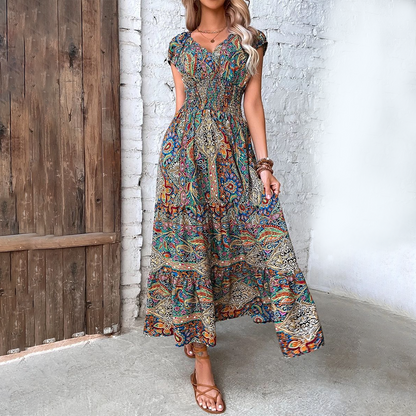 Keisha - Elegant short-sleeve bohemian maxi dress with V-neck