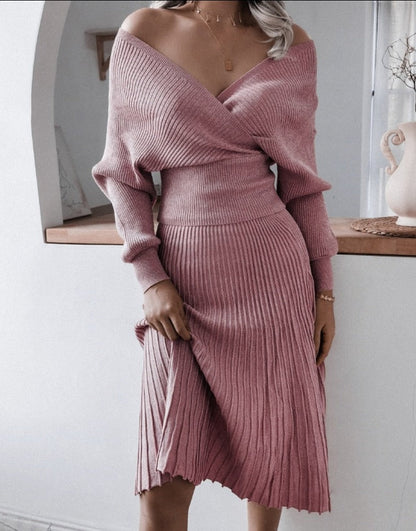 Clair - Elegant deep v-neck sweater and skirt set