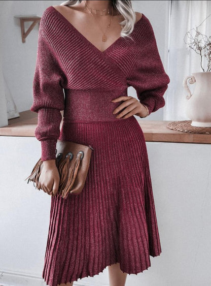 Clair - Elegant deep v-neck sweater and skirt set