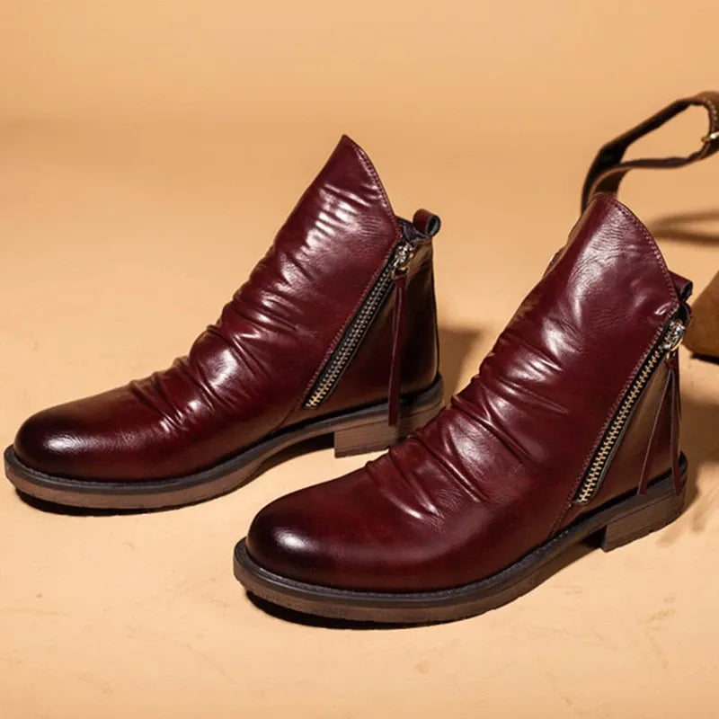 Men’s Ankle Leather Boots | Zipper, Distressed Look