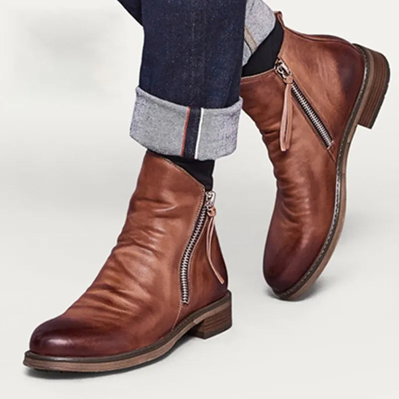 Men’s Ankle Leather Boots | Zipper, Distressed Look