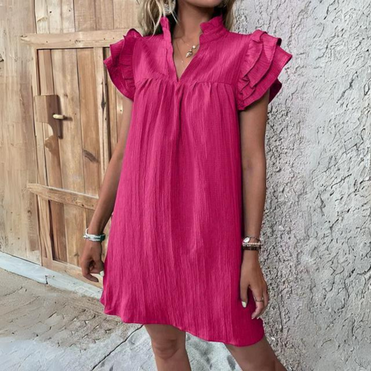 Zienna - Elegant short-sleeve mini dress with ruffles and V-neck