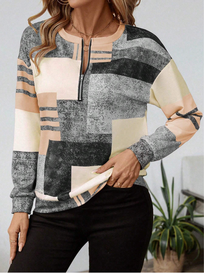 Karah - Stylish Vintage Sweater with Colourful Inserts and Half-Zip