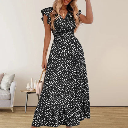 Hannelie - Elegant sleeveless chiffon maxi dress with V-neck and ruffle