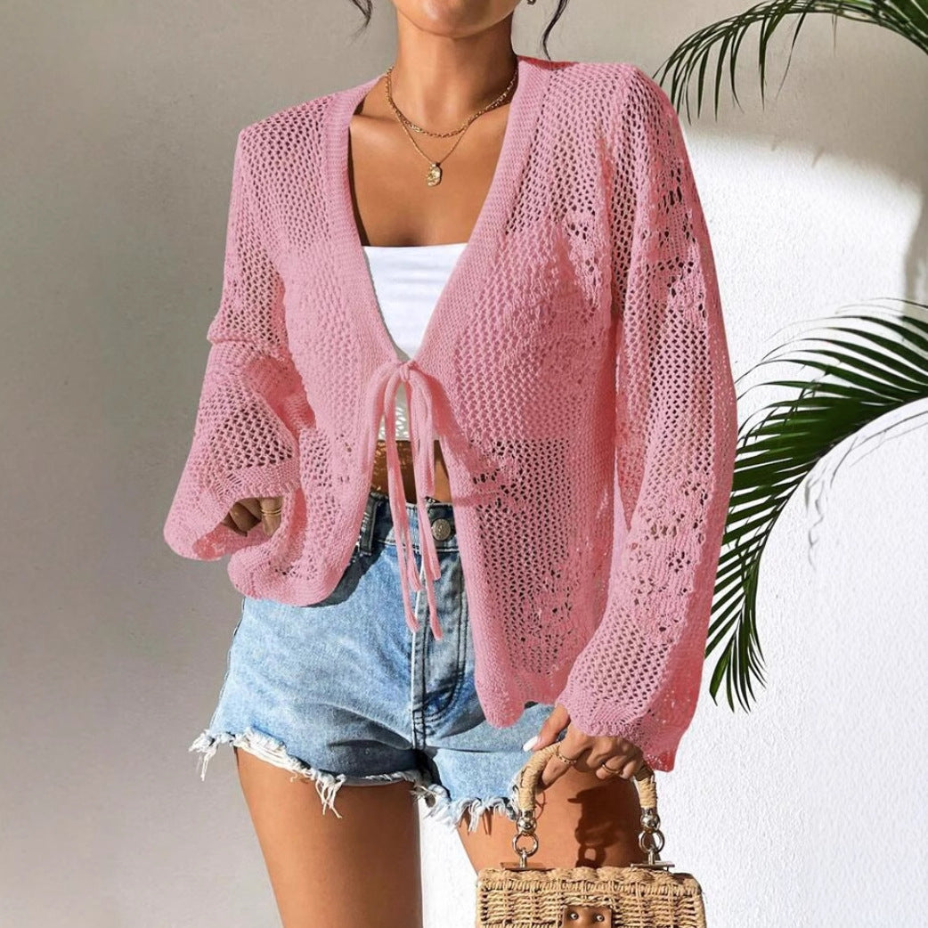 Rozlyn - Loose stylish hollow-out tie front cardigan