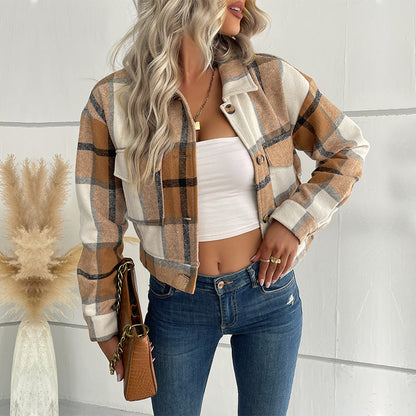 Kathryn - Stylish single-breasted plaid lapel cropped jacket