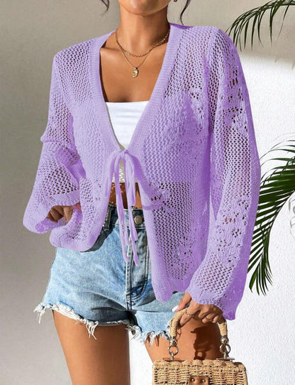 Rozlyn - Loose stylish hollow-out tie front cardigan