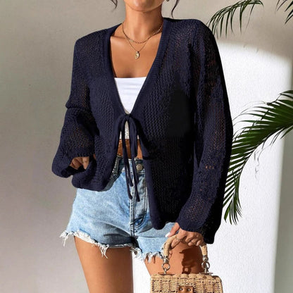 Rozlyn - Loose stylish hollow-out tie front cardigan