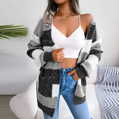 Jimena - Casual lantern sleeves striped long cardigan