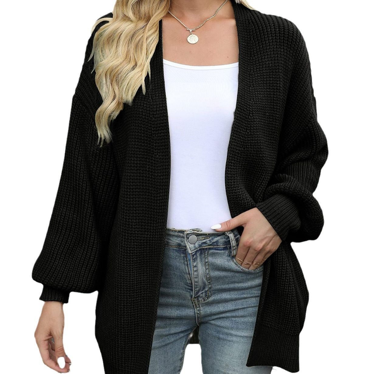 Jaliyah - Cozy knitted long lantern sleeve cardigan