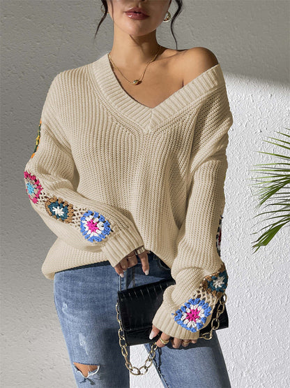 Zandra - Stylish crochet patch long sleeve knitted sweater