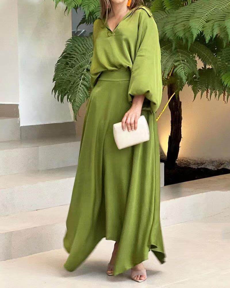 Olivine - Elegant loose long-sleeve maxi dress
