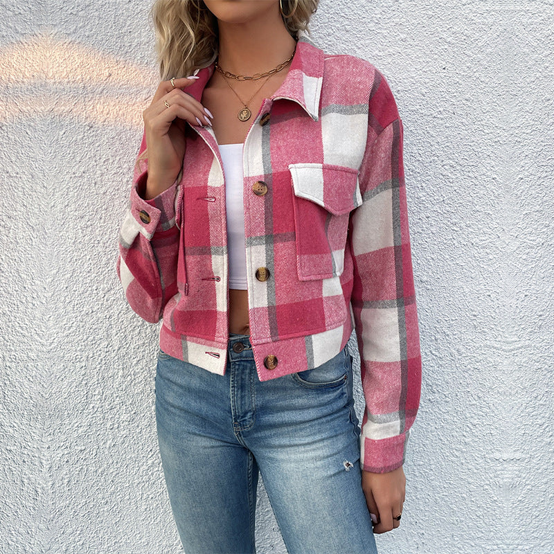 Kathryn - Stylish single-breasted plaid lapel cropped jacket
