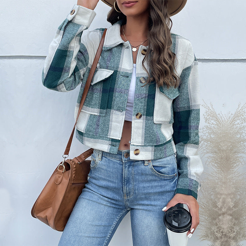 Kathryn - Stylish single-breasted plaid lapel cropped jacket