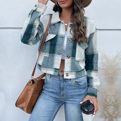 Kathryn - Stylish single-breasted plaid lapel cropped jacket