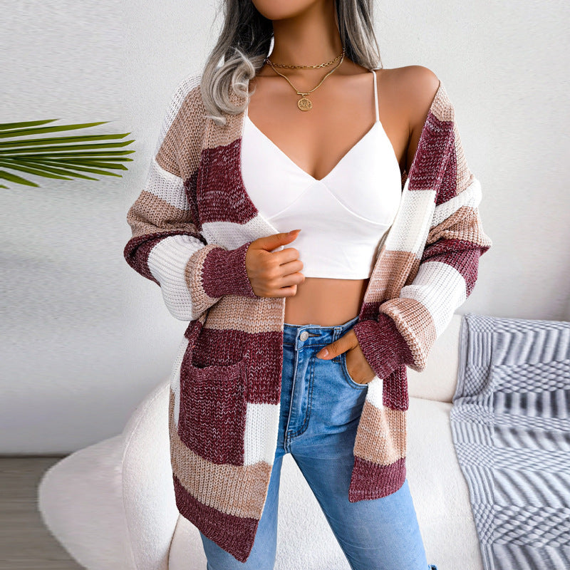 Jimena - Casual lantern sleeves striped long cardigan