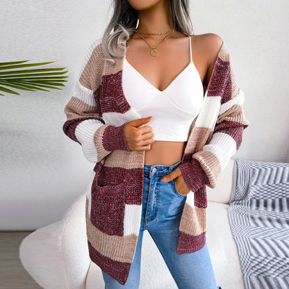 Jimena - Casual lantern sleeves striped long cardigan