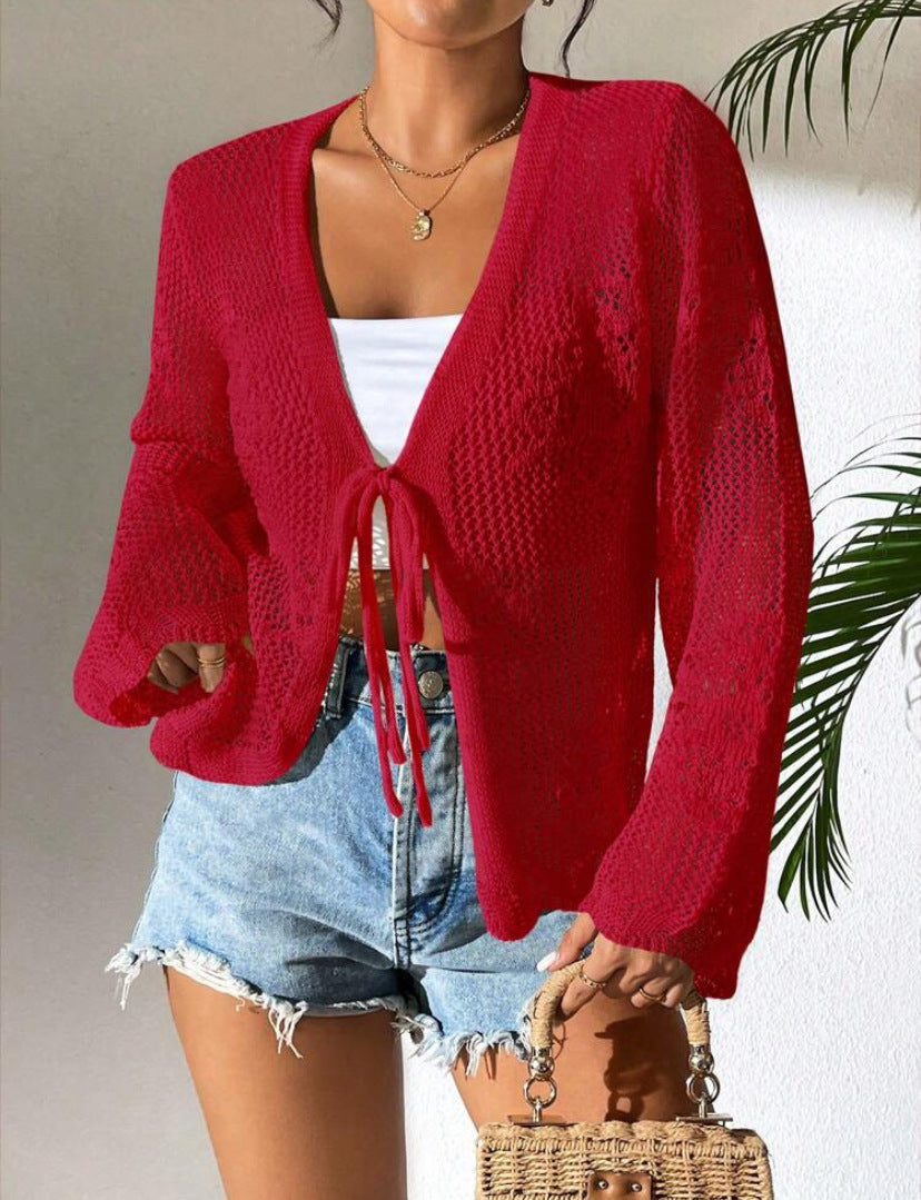 Rozlyn - Loose stylish hollow-out tie front cardigan