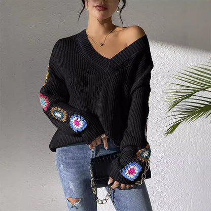 Zandra - Stylish crochet patch long sleeve knitted sweater