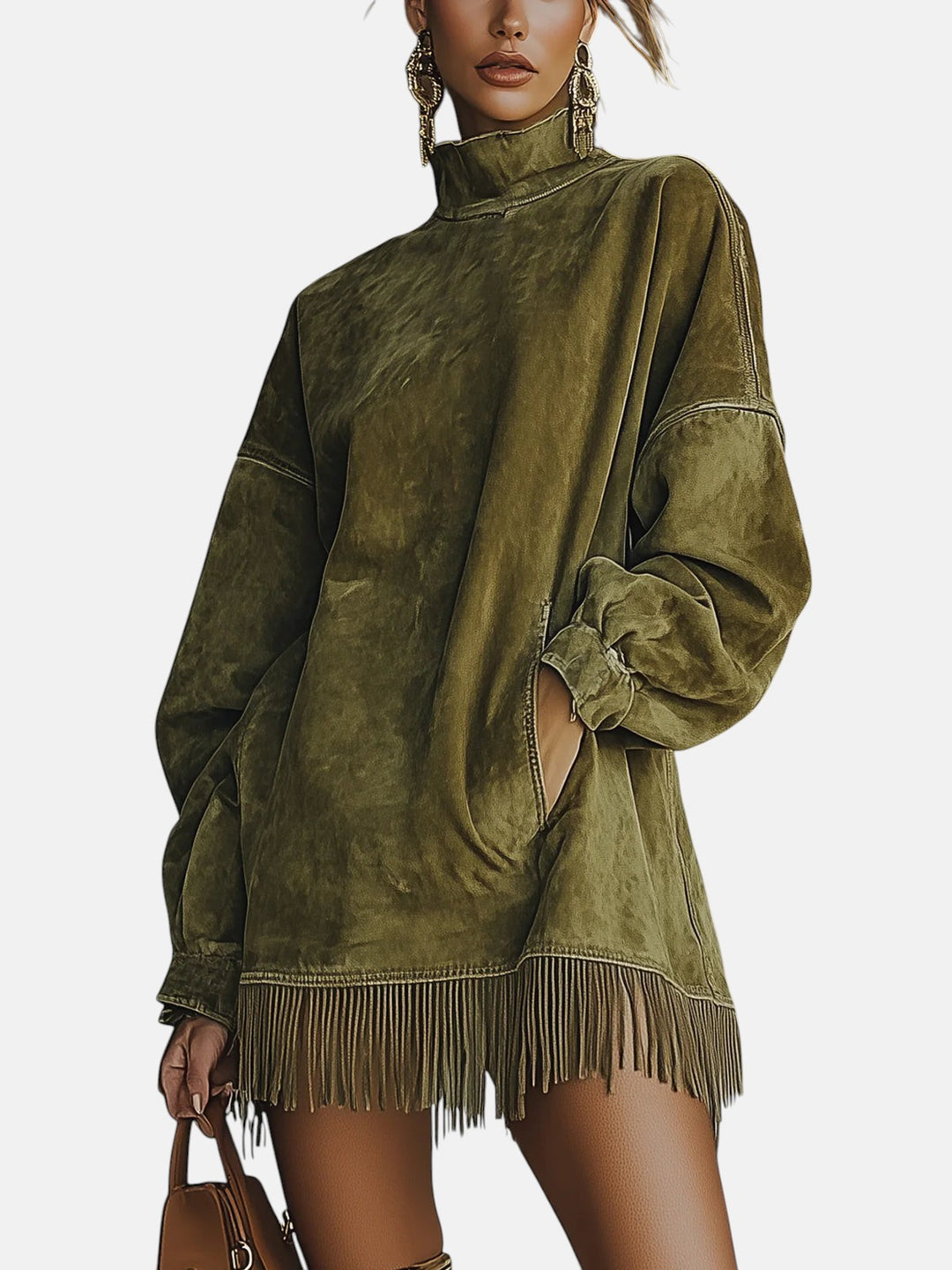 Valeth - Cozy suede fringe long-sleeve dress