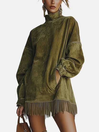 Valeth - Cozy suede fringe long-sleeve dress