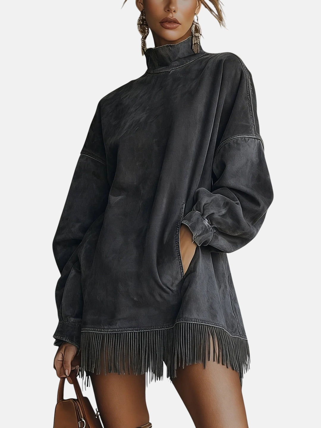 Valeth - Cozy suede fringe long-sleeve dress
