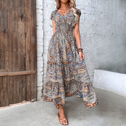 Keisha - Elegant short-sleeve bohemian maxi dress with V-neck