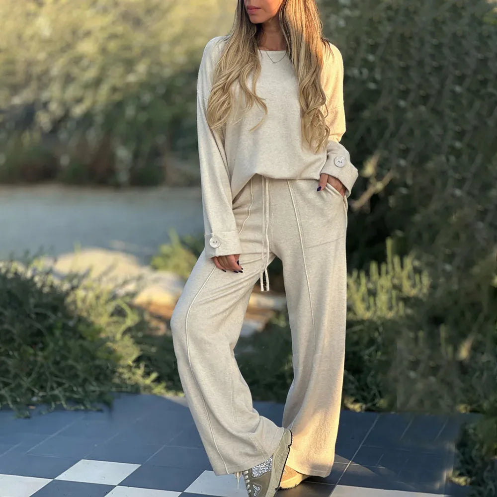 Thessaly - Loose long-sleeve top and wide-leg trousers set