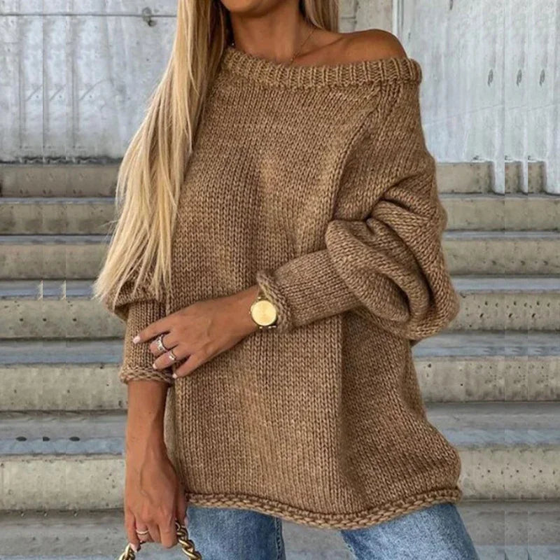 April - Loose warm knitted off-shoulder knit sweater