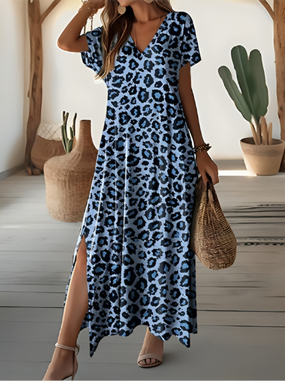 Quantina - Elegant leopard print short-sleeve maxi dress with V-neck