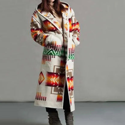Zeena - Cozy ethnic print long warm coat