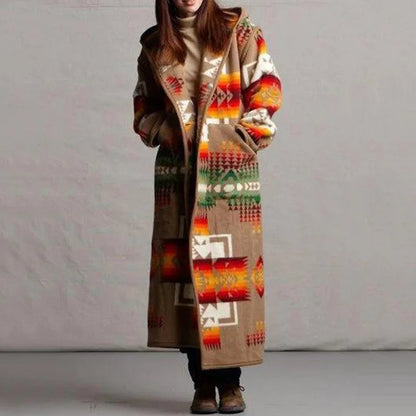 Zeena - Cozy ethnic print long warm coat