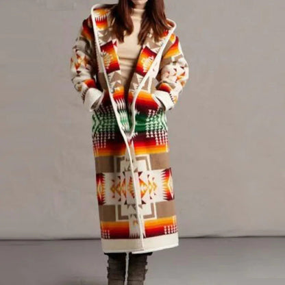 Zeena - Cozy ethnic print long warm coat