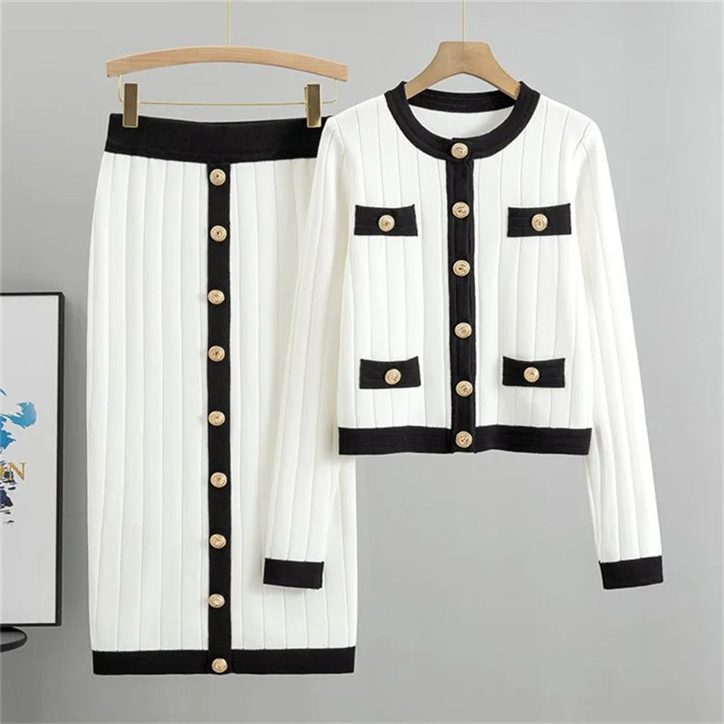 Charilyn - Cozy stylish loose button cardigan and skirt set