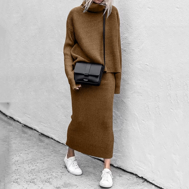 Clarenne - Casual loose turtleneck sweater and skirt set