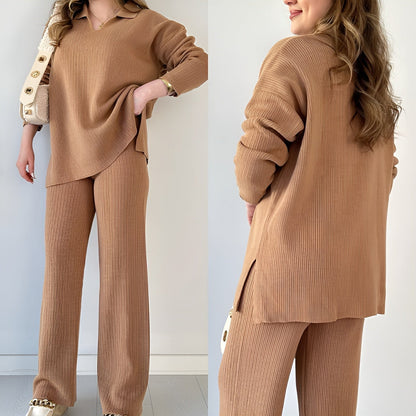 Julianna - Elegant set with long-sleeve V-neck blouse and trousers