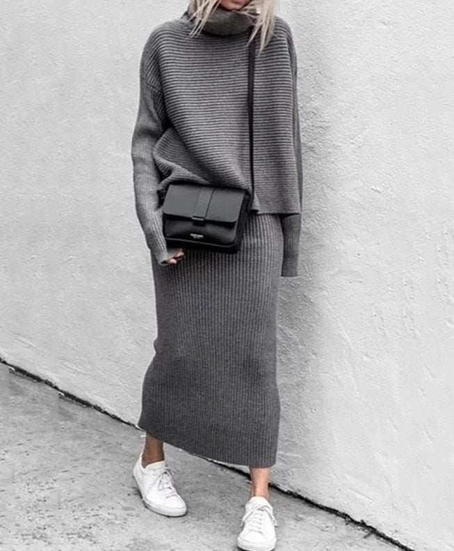 Clarenne - Casual loose turtleneck sweater and skirt set