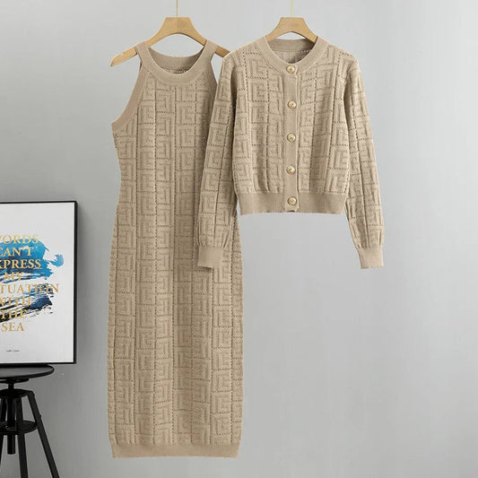 Zianna - Elegant geometric knit dress and cardigan set
