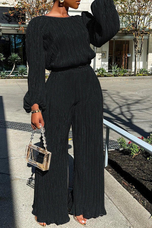 Arianne - Elegant pleated long-sleeve blouse and wide-leg trousers set
