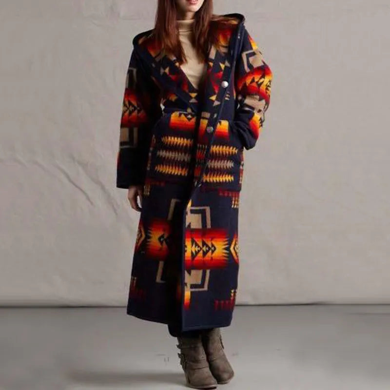 Zeena - Cozy ethnic print long warm coat