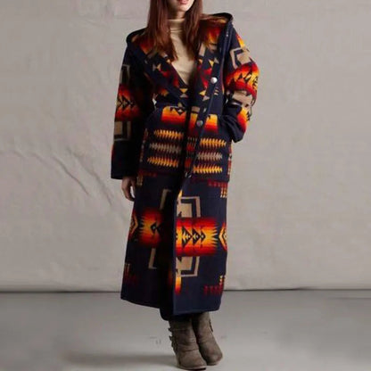 Zeena - Cozy ethnic print long warm coat