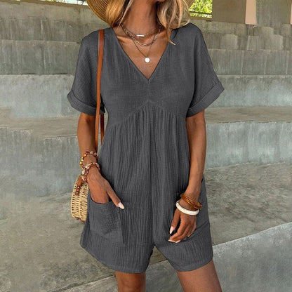 Jamela - Short-sleeve V-neck casual romper