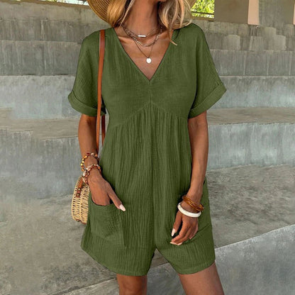 Jamela - Short-sleeve V-neck casual romper