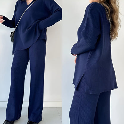Julianna - Elegant set with long-sleeve V-neck blouse and trousers