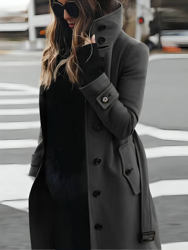 Kassia - Elegant long slim-fit coat with belt and double-breasted design