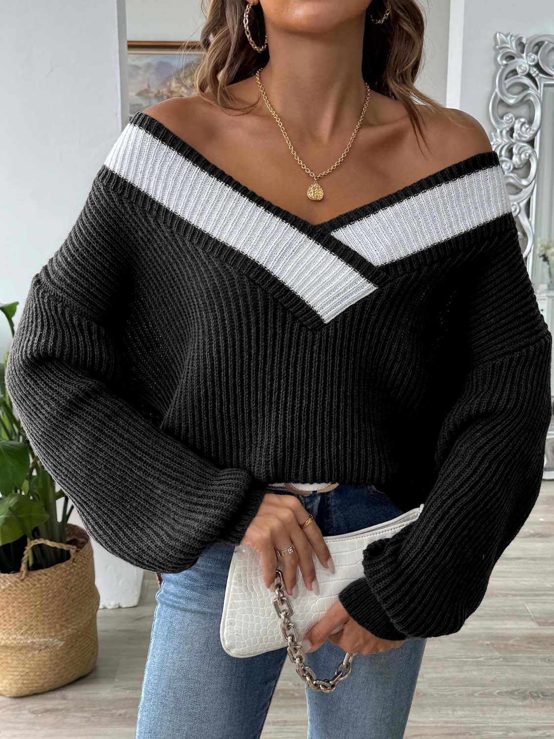 Pearlene - Elegant Loose Long-Sleeve Contrast Jumper