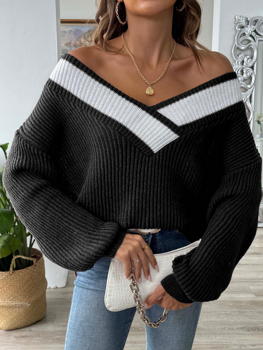 Pearlene - Elegant Loose Long-Sleeve Contrast Jumper