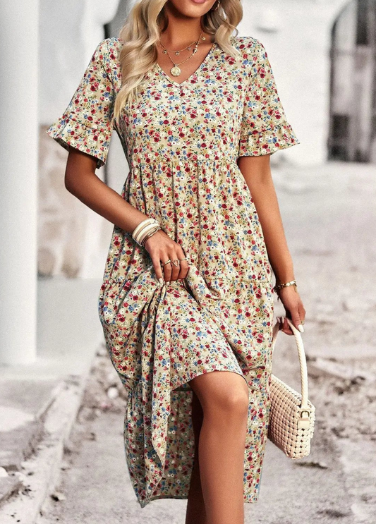 Brianne - Elegant floral V-neck dress with ruffle short sleeves